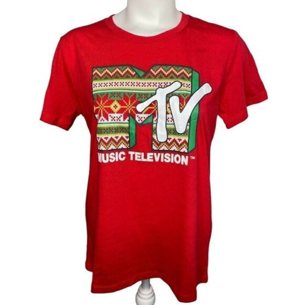 MTV Graphic Shirt Top Women's‎ LARGE Red Green White Yellow Holiday Limited NEW